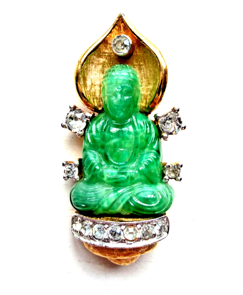 Vtg Unsigned Jomaz Gold Tone, Jadeite & Rhinestone Buddha Brooch